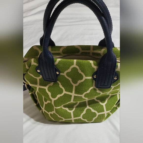 Spartina 459 Green and Navy Linen Handbag. Leather Strapes. - Picture 4 of 5